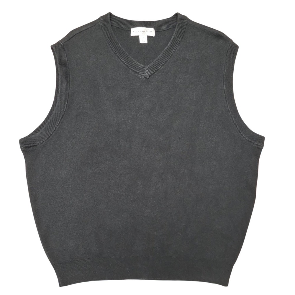 Cypress Links Sweater Vest Mens L Black V-Neck 100% Cotton Knit Dark Academia